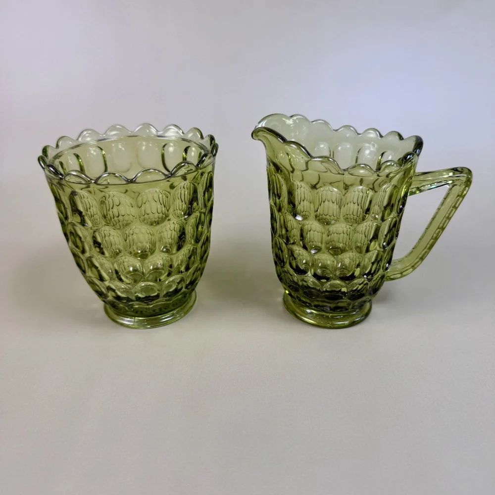 UV Reactive Fenton Green Thumbprint Glass Creamer & Sugar Bowl Set - Picture 6 of 16